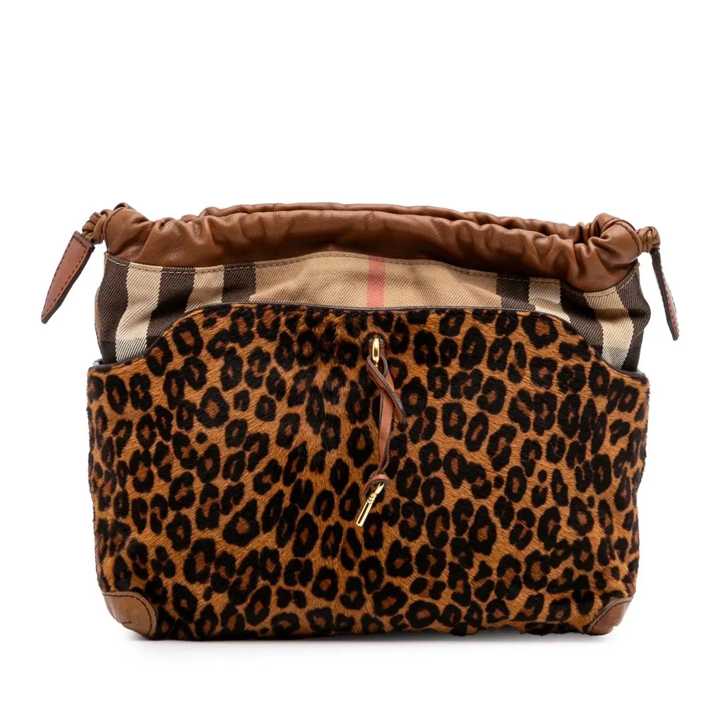 Burberry Leopard Print Pony Hair and House Check Canvas Little Crush Crossbody Brown Good - Front View