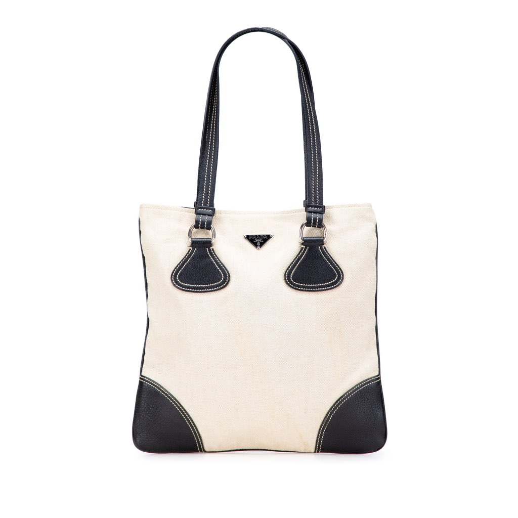 Prada Vitello Trimmed Canvas Canapa Tote