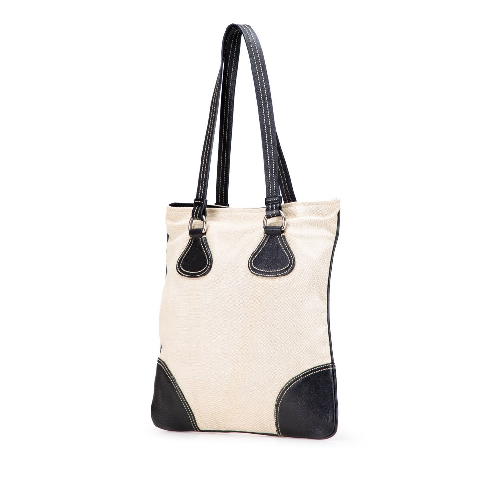Prada Vitello Trimmed Canvas Canapa Tote - Back view