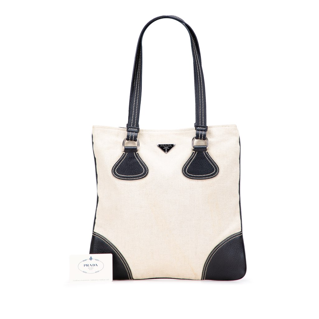 Prada Vitello Trimmed Canvas Canapa Tote - Image 15