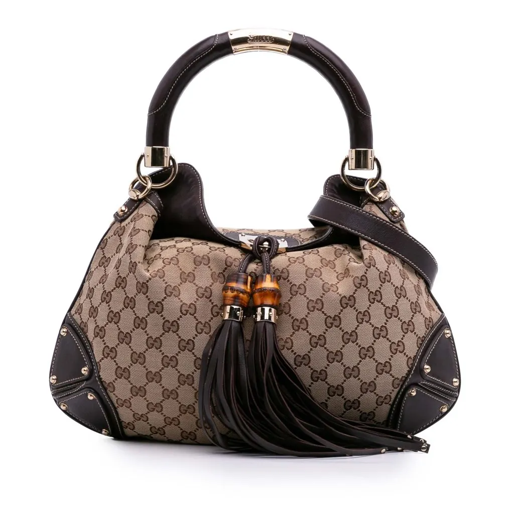 Gucci Medium GG Canvas Bamboo Indy Hobo Brown Canvas Good - Front View
