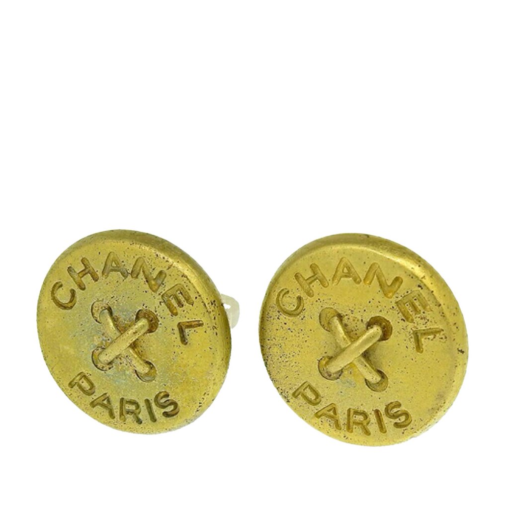 Chanel Gold Plated Logo Round Button Clip On Earrings - 2