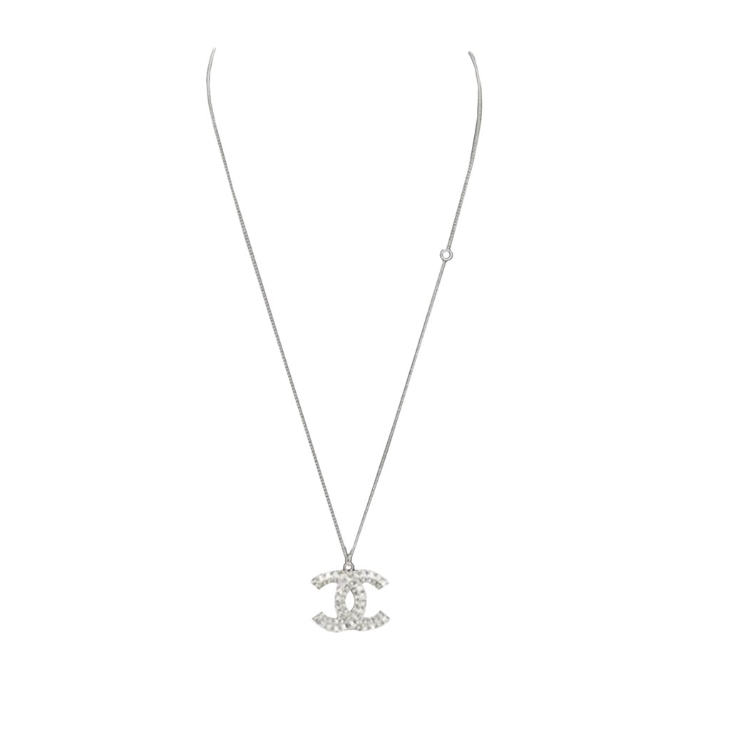 Chanel CC Silver Plated Rhinestones Pendant Necklace