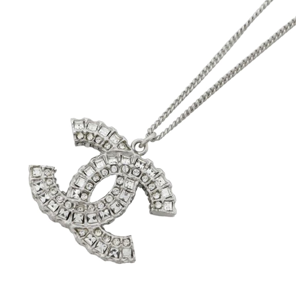 Chanel CC Silver Plated Rhinestones Pendant Necklace - 2