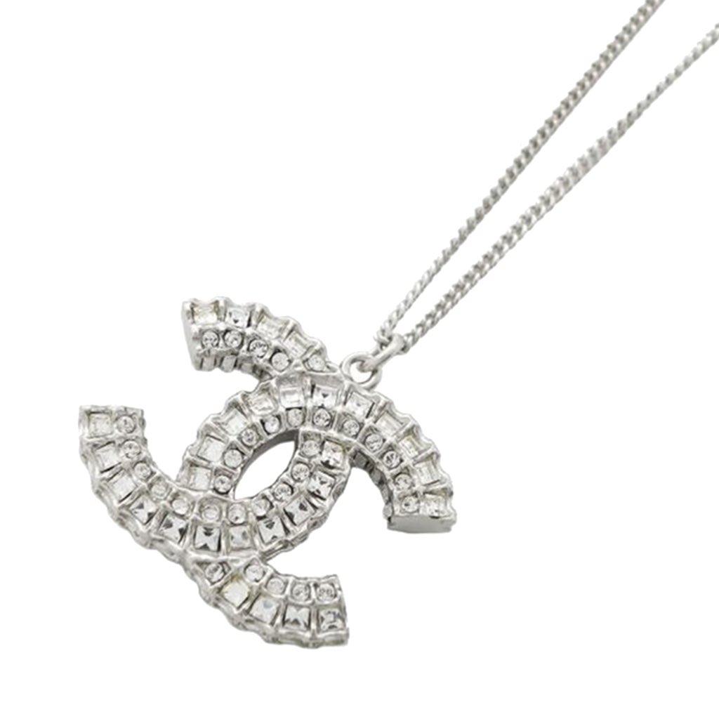 Chanel CC Silver Plated Rhinestones Pendant Necklace - 3