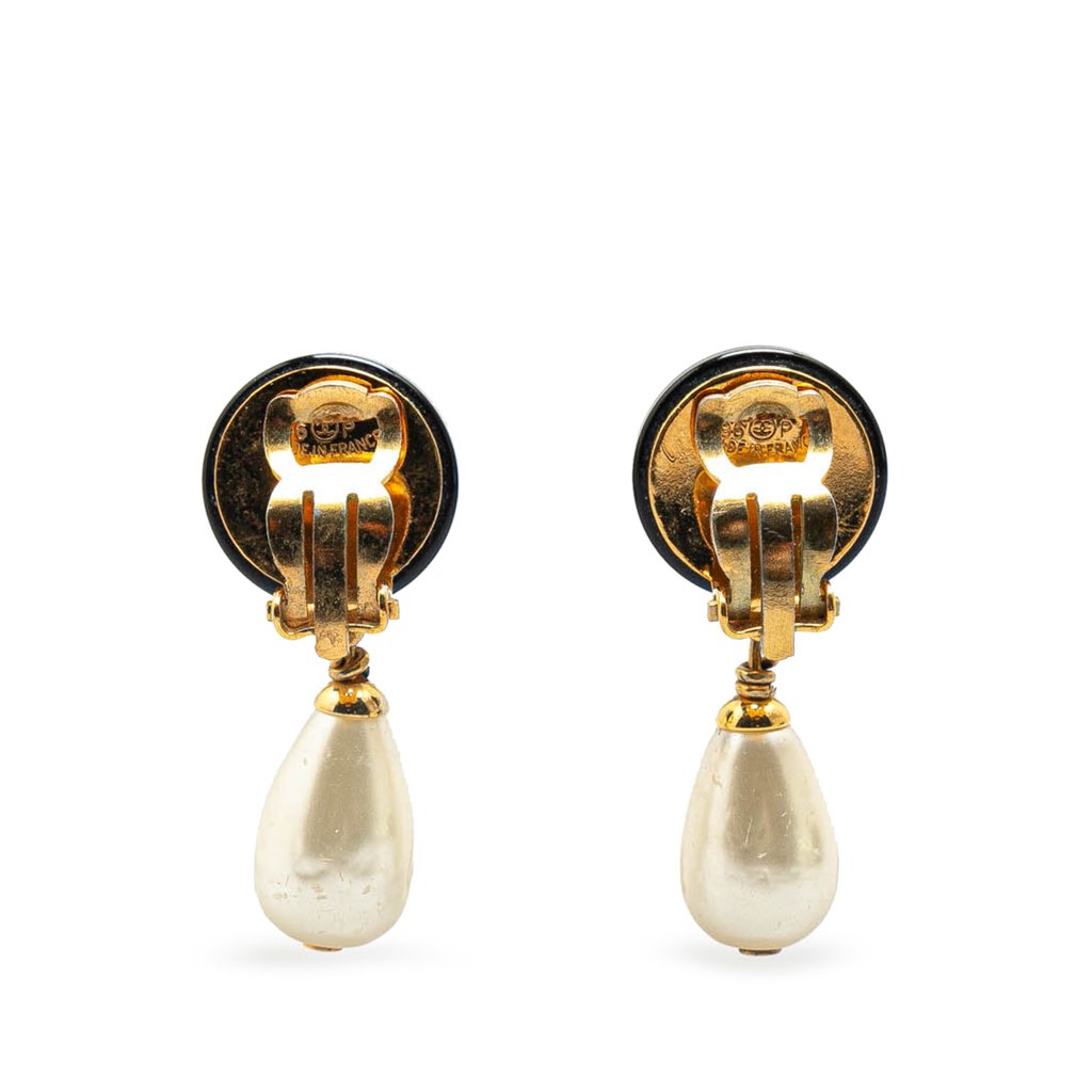 Chanel Gold Plated Faux Pearl CC Drop Clip On Earrings - 2