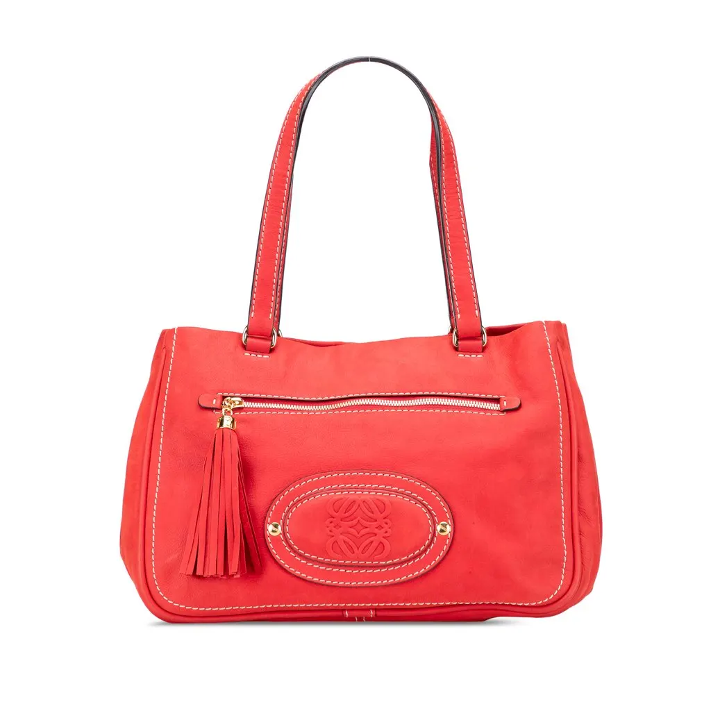 Loewe Nubuck Anagram Madrid Fringe Shoulder Bag Red Leather Very good - Front View
