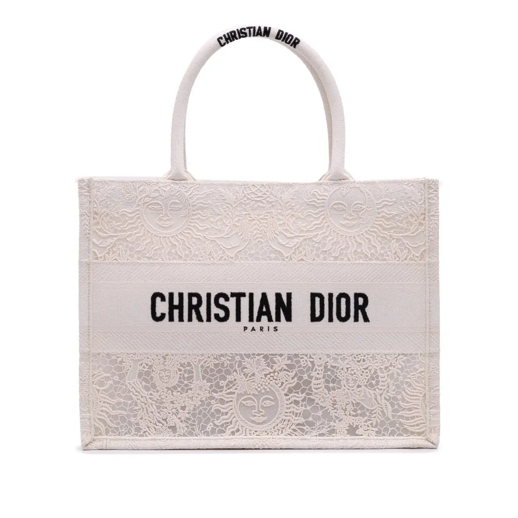Dior Medium Canvas D Lace Sun Embroidery Book Tote White Canvas Good - Front View