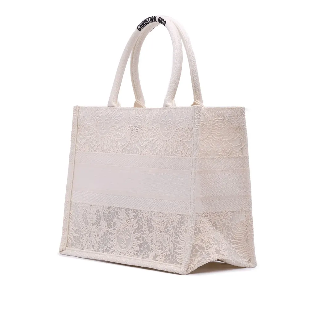 Dior Medium Canvas D Lace Sun Embroidery Book Tote White Canvas Good - Back View
