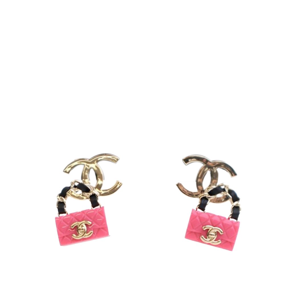 Chanel Gold Plated Calfskin Resin CC Handbag Push Back Earrings