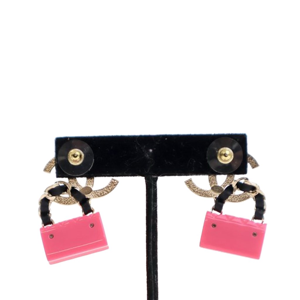 Chanel Gold Plated Calfskin Resin CC Handbag Push Back Earrings - 2
