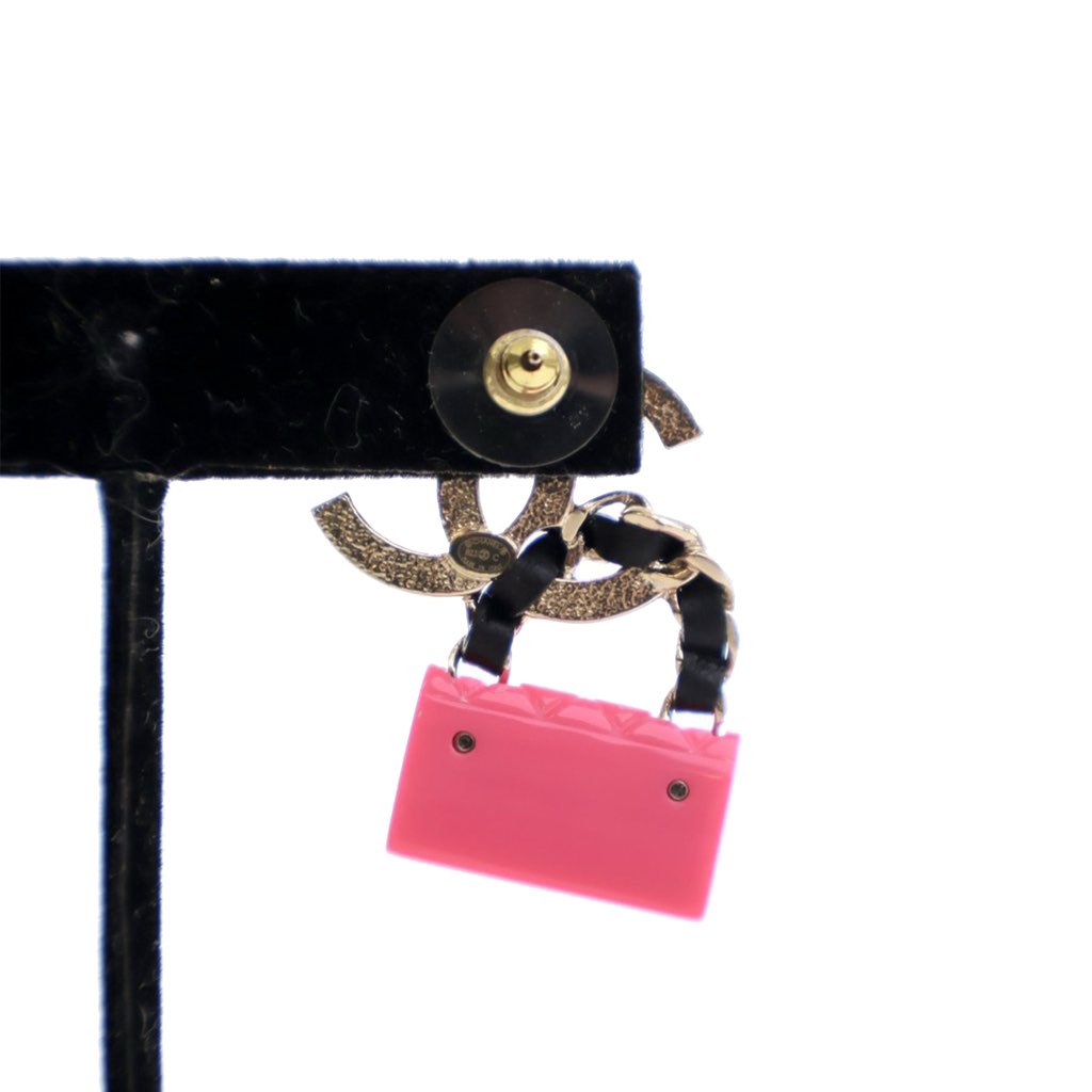 Chanel Gold Plated Calfskin Resin CC Handbag Push Back Earrings - 5
