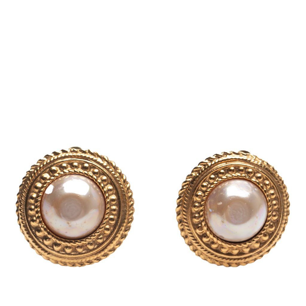 Chanel Gold Plated Faux Pearl Round Clip on Earrings
