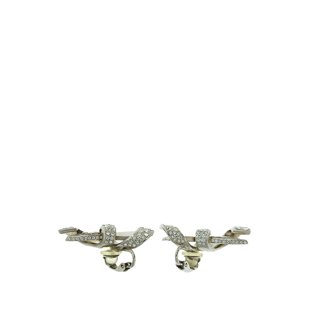 Chanel Silver Rhinestones Ribbon Clip on Earrings - 3