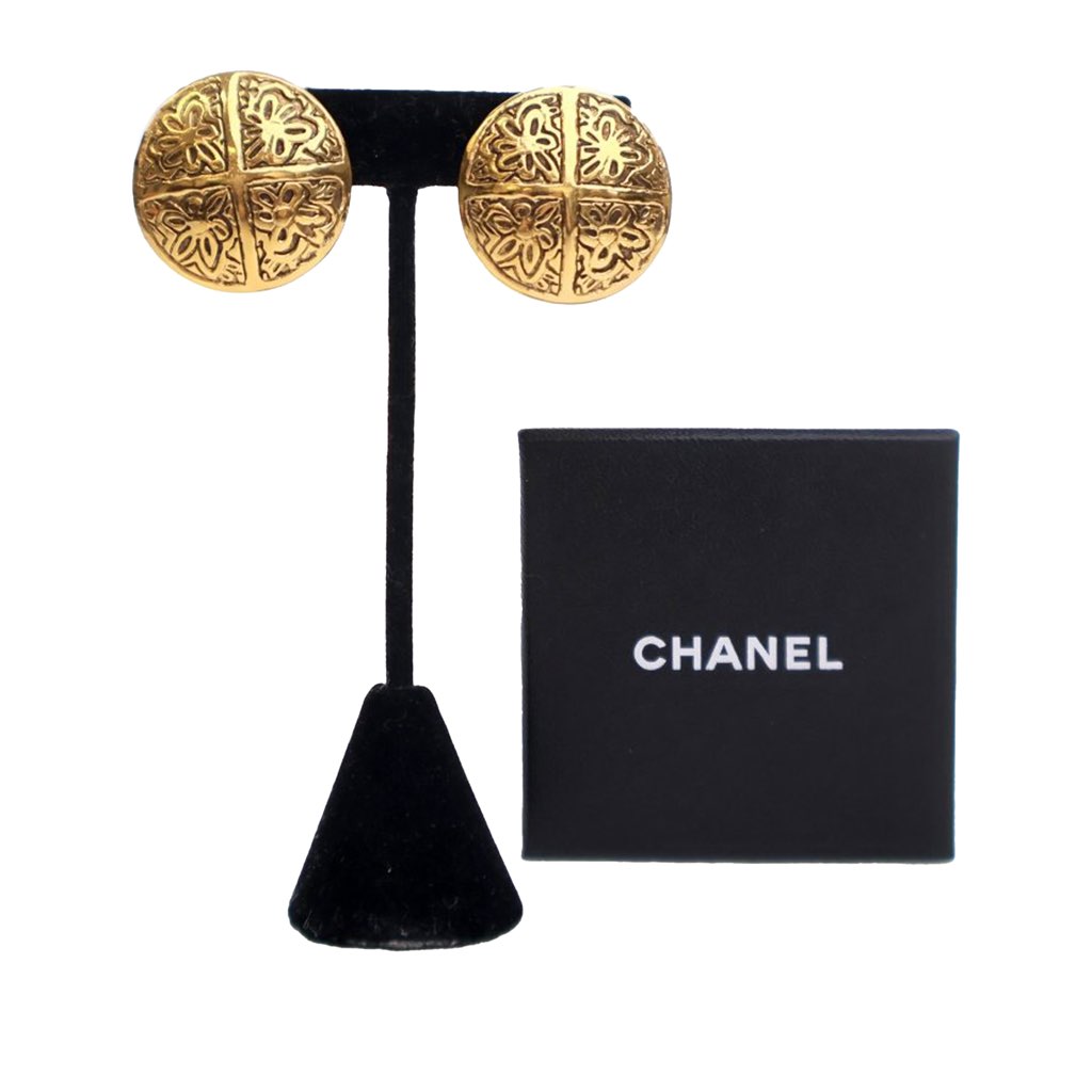 Chanel Gold Plated Camellia Cross Dome Clip on Earrings - 4