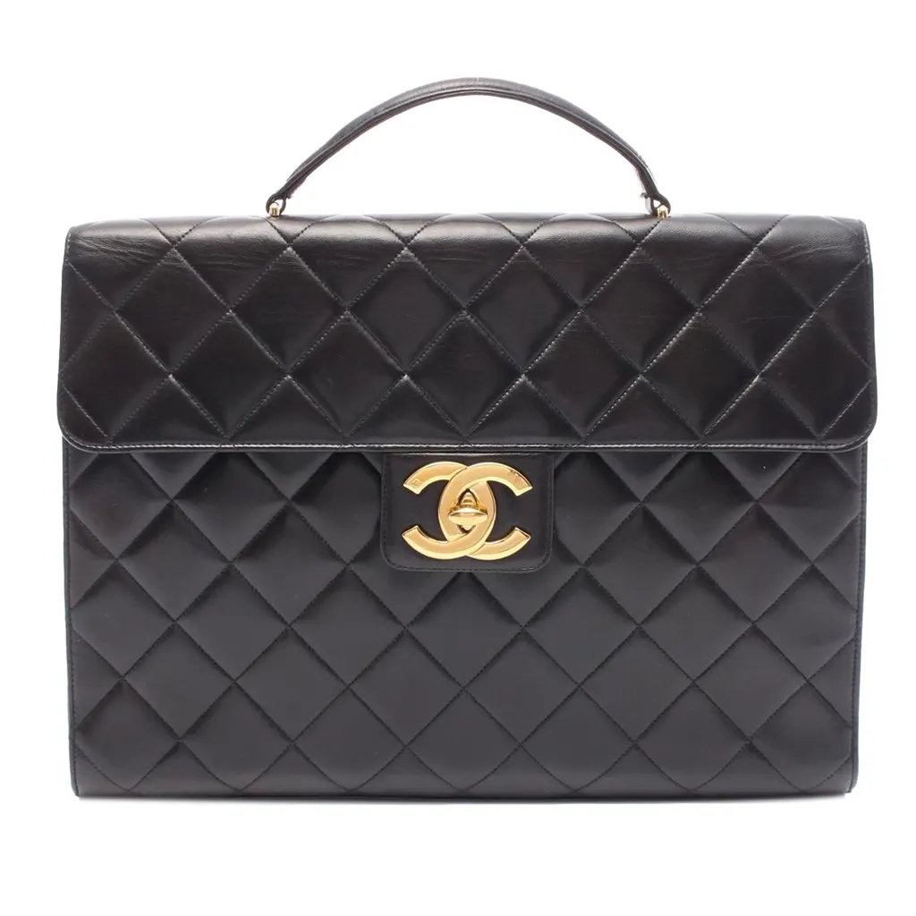 Chanel CC Quilted Lambskin Flap Briefcase Black Leather Good - Front View
