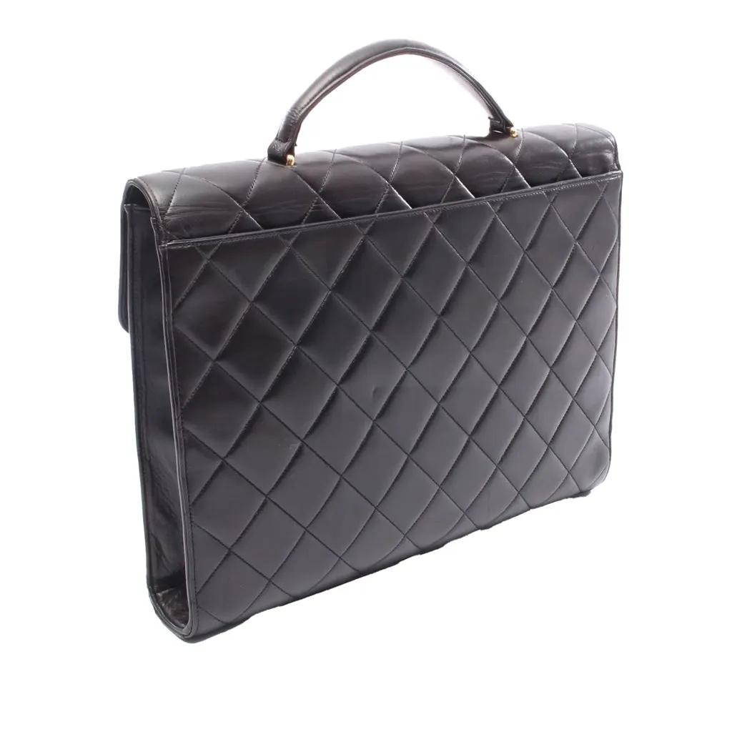 Chanel CC Quilted Lambskin Flap Briefcase Black Leather Good - Back View