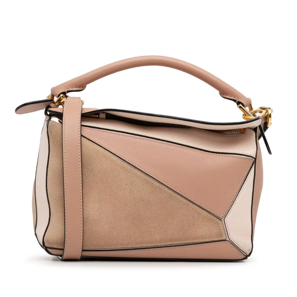 Loewe Small Tricolor Calfskin and Suede Puzzle Satchel Brown Leather Good - Front View