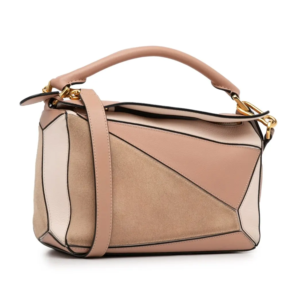Loewe Small Tricolor Calfskin and Suede Puzzle Satchel Brown Leather Good - Back View