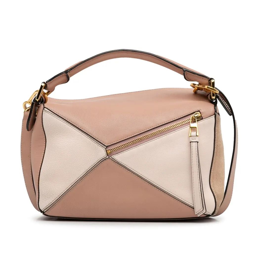 Loewe Small Tricolor Calfskin and Suede Puzzle Satchel Brown Leather Good - Model View