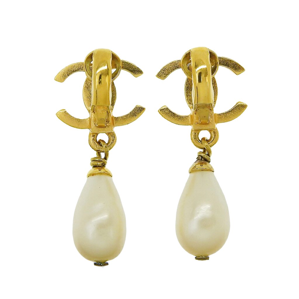 Chanel Gold Plated CC Faux Pearl Drop Clip on Earrings - 2
