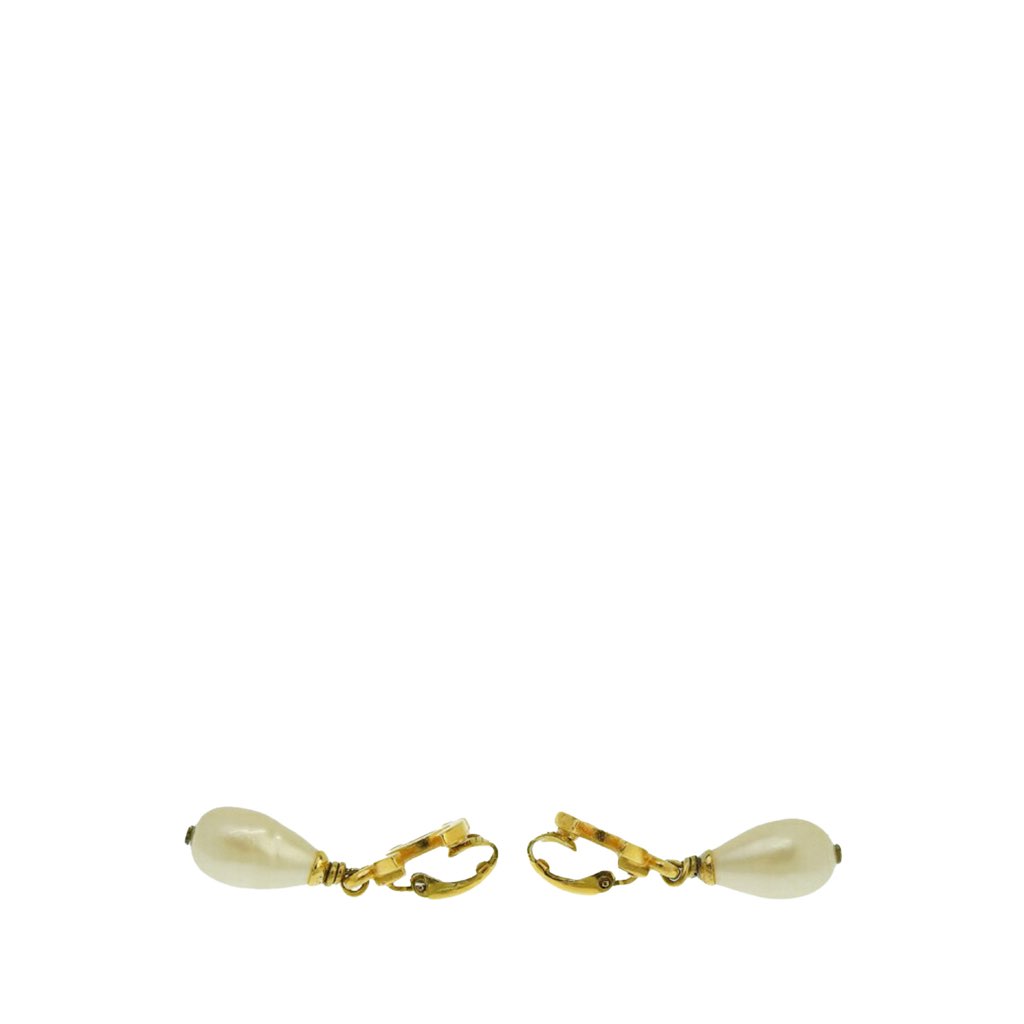 Chanel Gold Plated CC Faux Pearl Drop Clip on Earrings - 3
