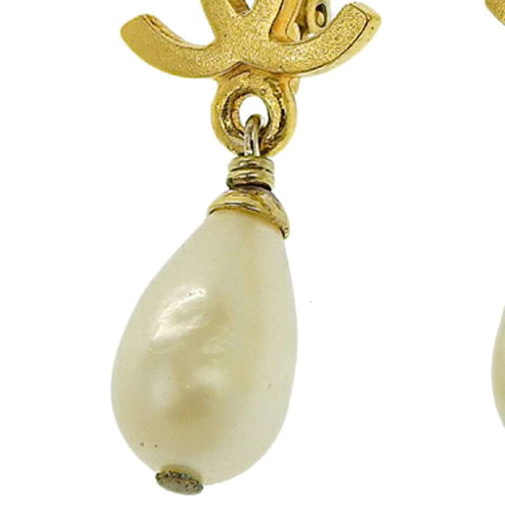 Chanel Gold Plated CC Faux Pearl Drop Clip on Earrings - 5