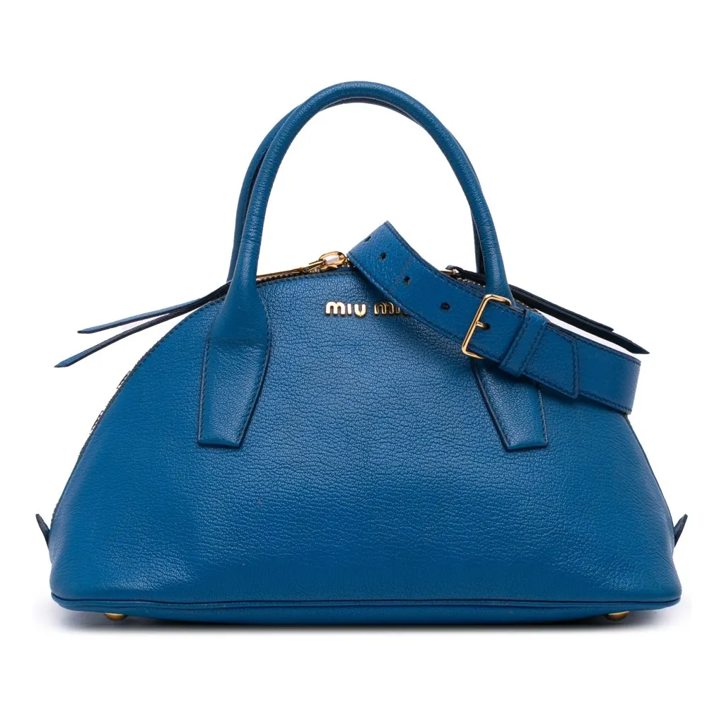 Miu Miu Goatskin Madras Bowling Bag Blue Leather Good - Front View