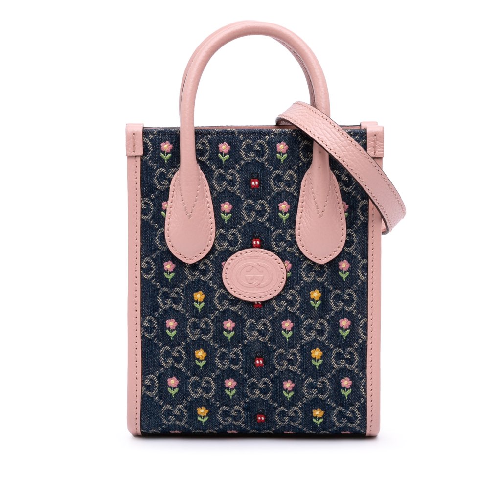 Gucci Mini GG Denim Interlocking G Flowers Tote