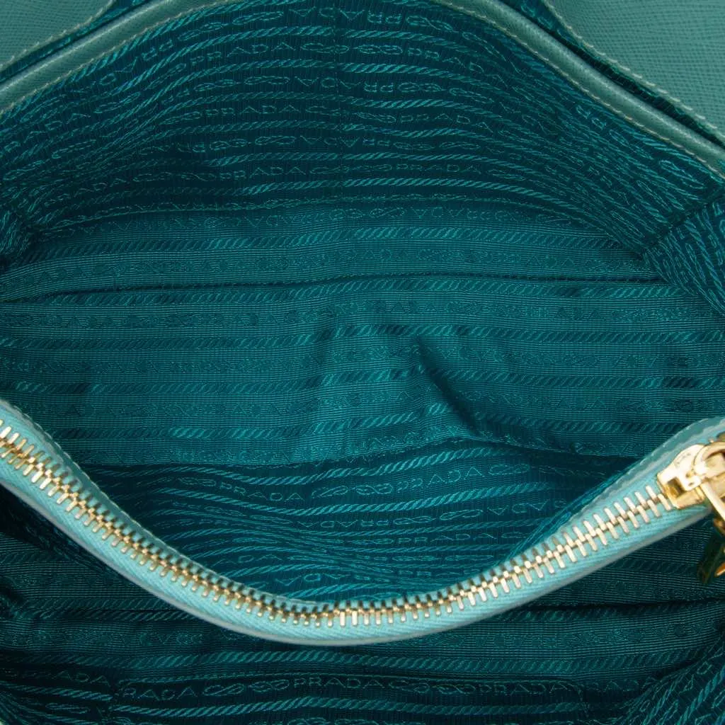 Prada Medium Saffiano Lux Promenade Satchel Blue Leather Good - Model View