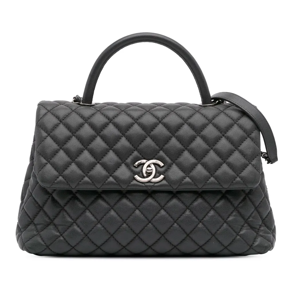 Chanel Large Quilted Caviar Coco Top Handle Bag Grey Leather Good - Front View