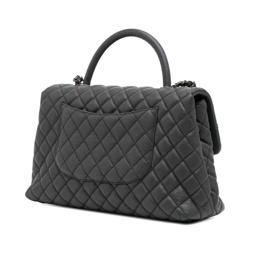 Chanel Large Quilted Caviar Coco Top Handle Bag Grey Leather Good - Back View