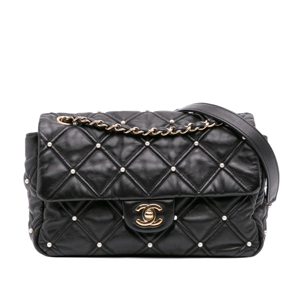 Chanel Medium Quilted Lambskin Pearl Studs Flap