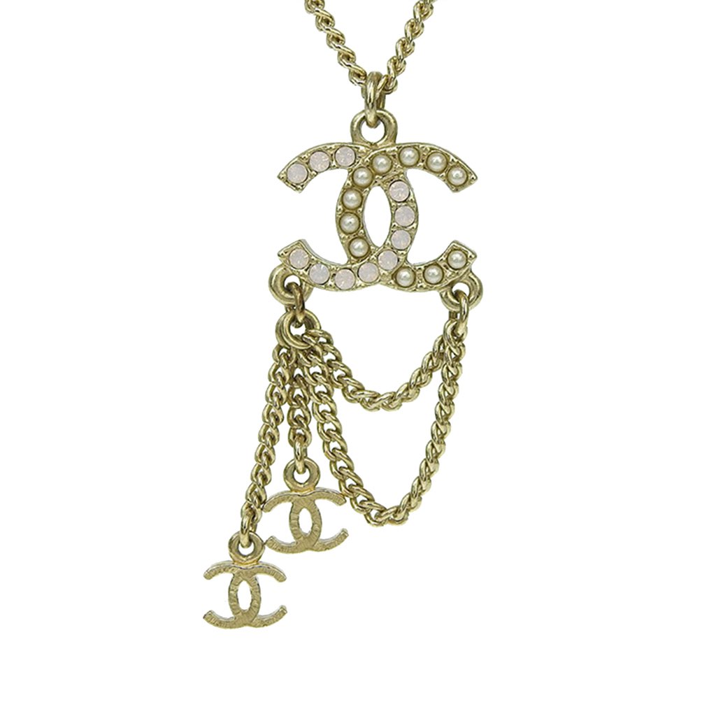 Chanel CC Gold Plated Faux Pearl and Crystal Drop Necklace