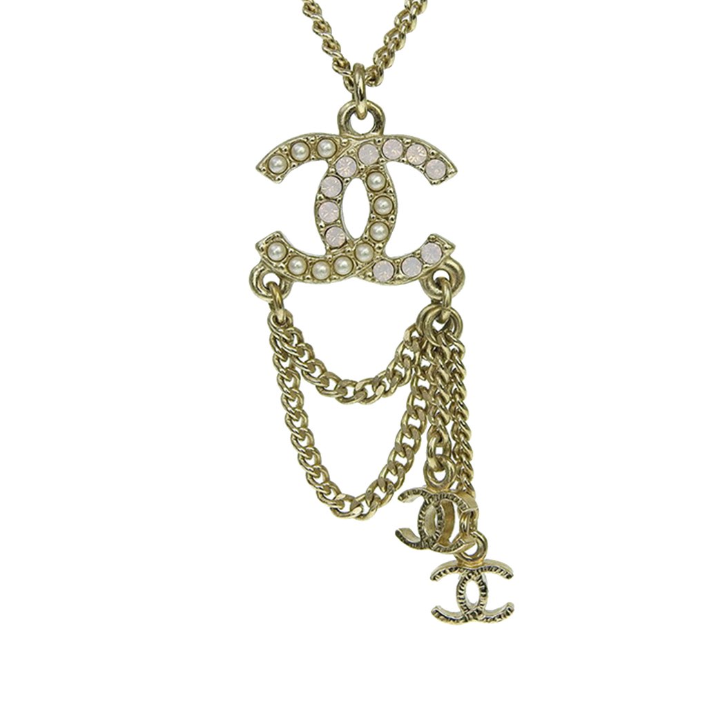 Chanel CC Gold Plated Faux Pearl and Crystal Drop Necklace - 2