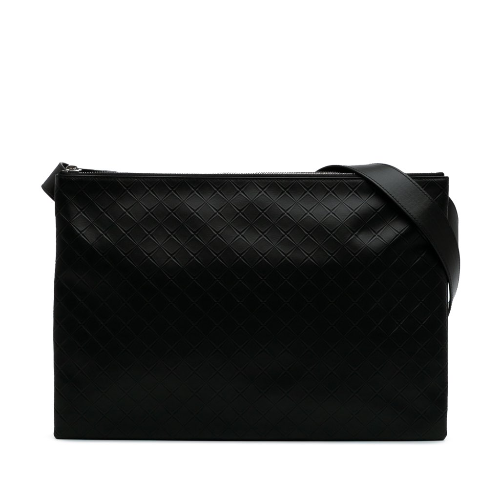 Bottega Veneta Lambskin Embossed Intrecciato Triple Zip Messenger Bag