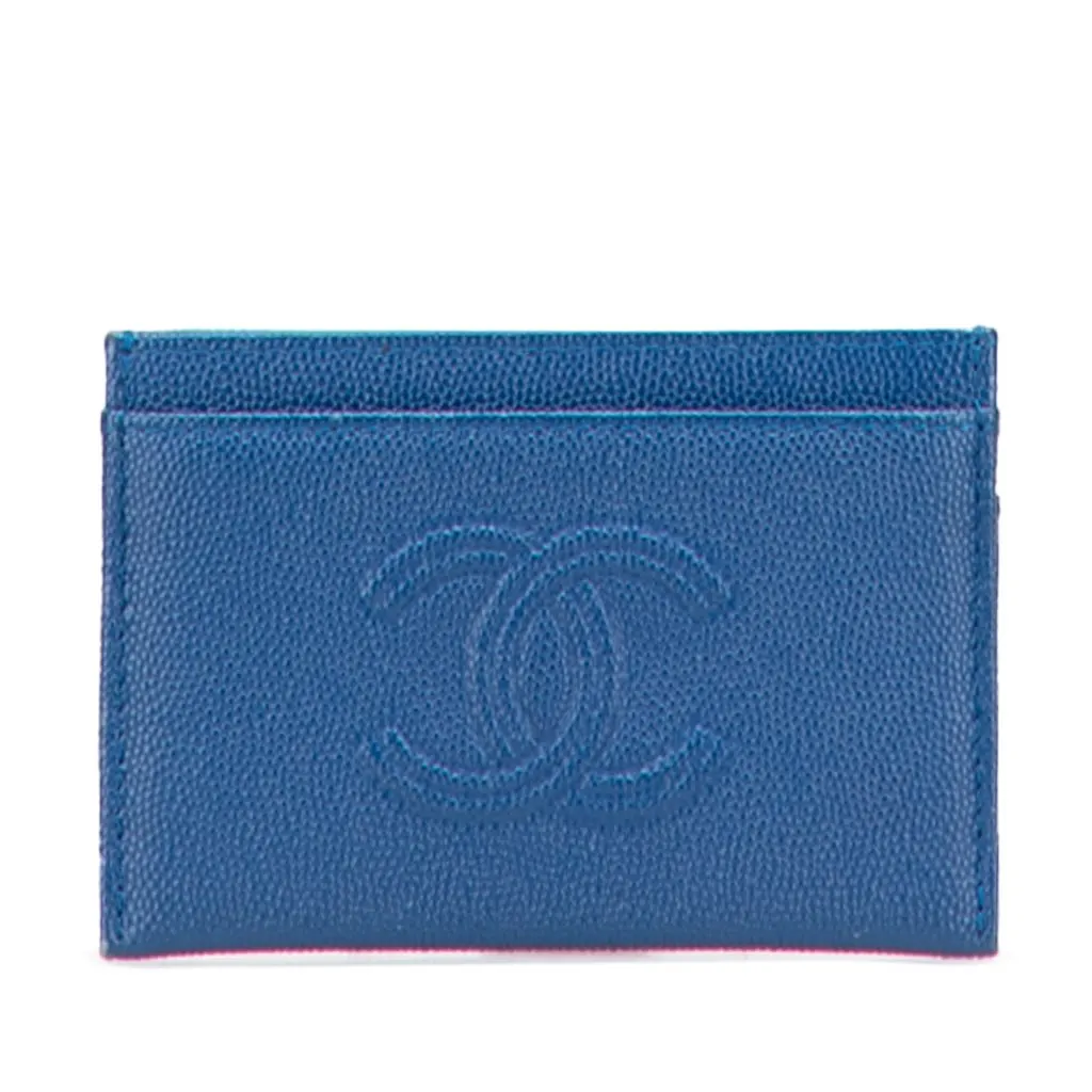Chanel CC Caviar Card Holder Blue Leather Good - Front View