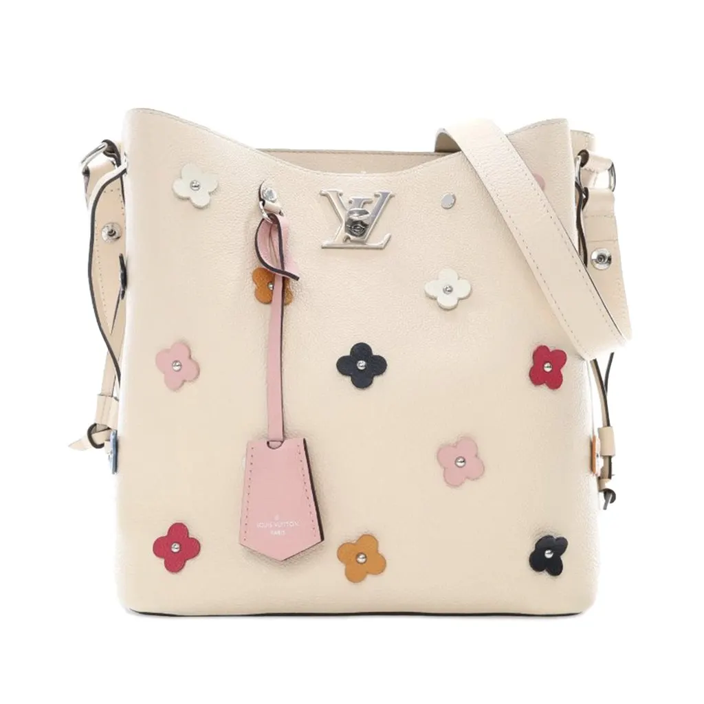 Louis Vuitton Flower Embellished Lockme Bucket Bag Brown Leather Good - Front View