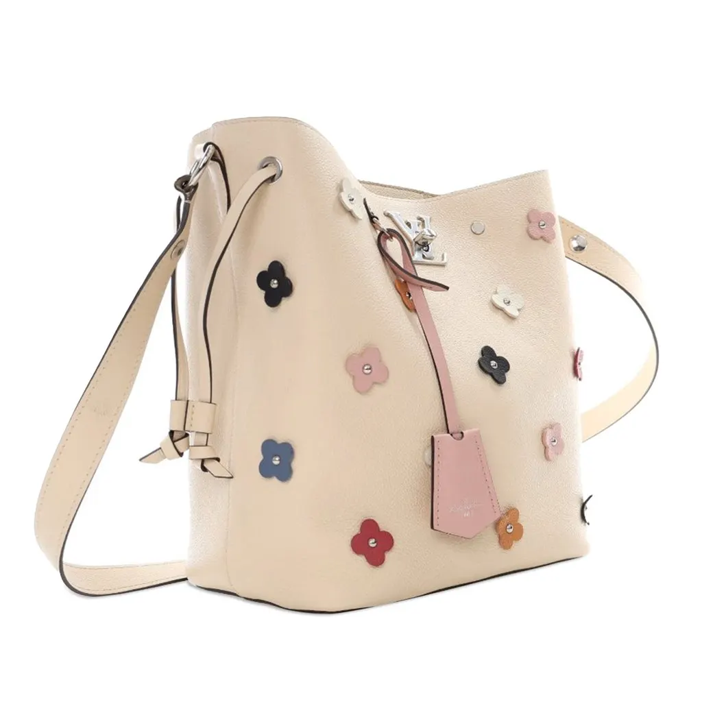 Louis Vuitton Flower Embellished Lockme Bucket Bag Brown Leather Good - Back View