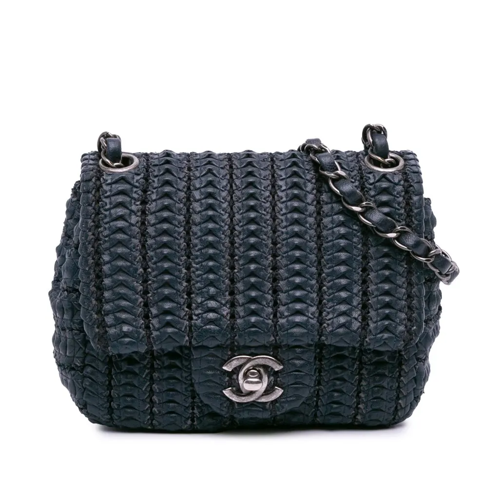 Chanel Paris Seoul Mini Crochet Lambskin Single Flap Blue Leather Good - Front View