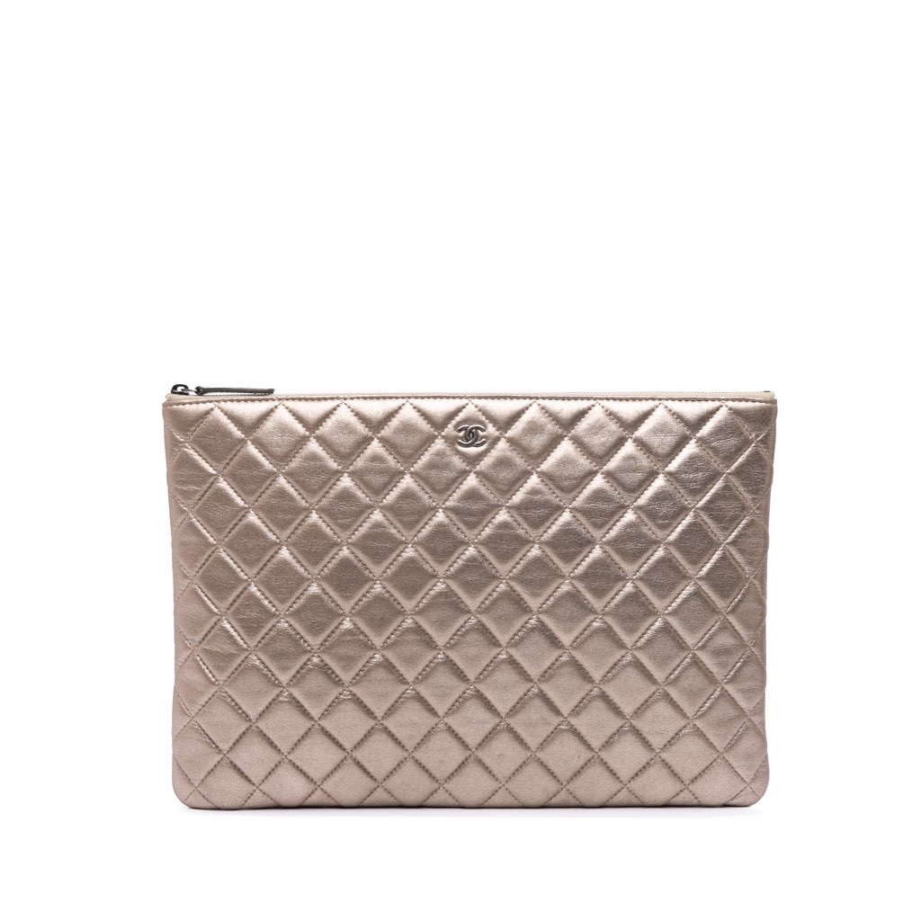 Chanel Large Quilted Metallic Lambskin O Case Clutch