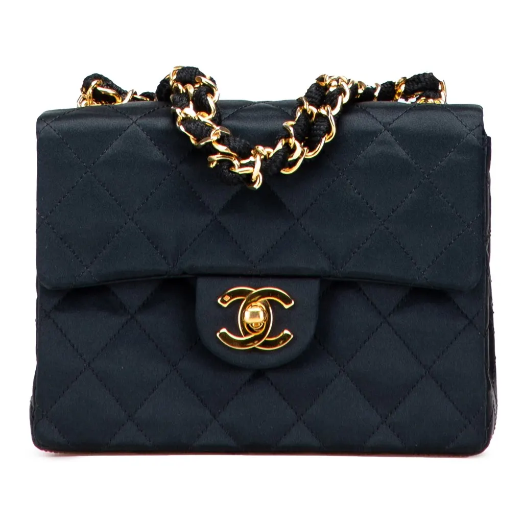 Chanel Mini Square Quilted Satin Single Flap Black Satin Good - Front View