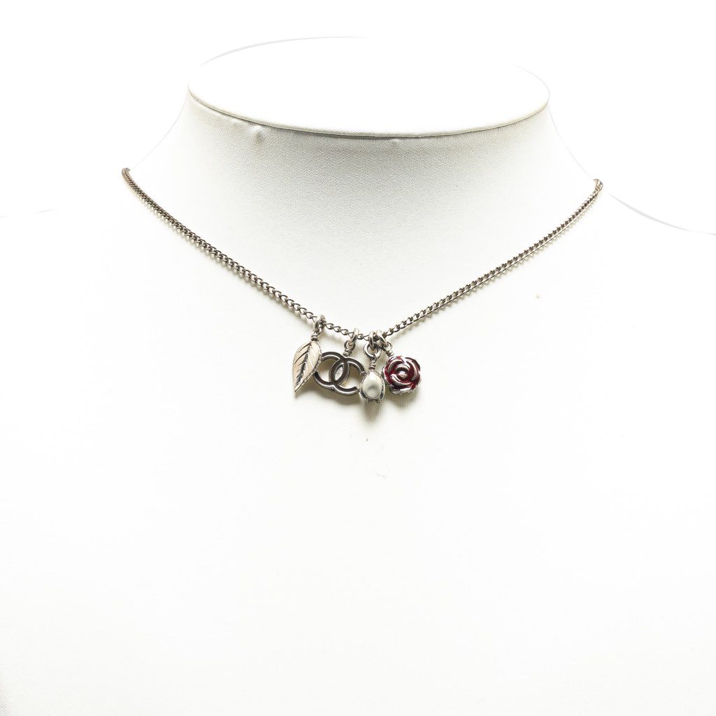Chanel Silver Plated CC Camellia Charms Necklace - 4