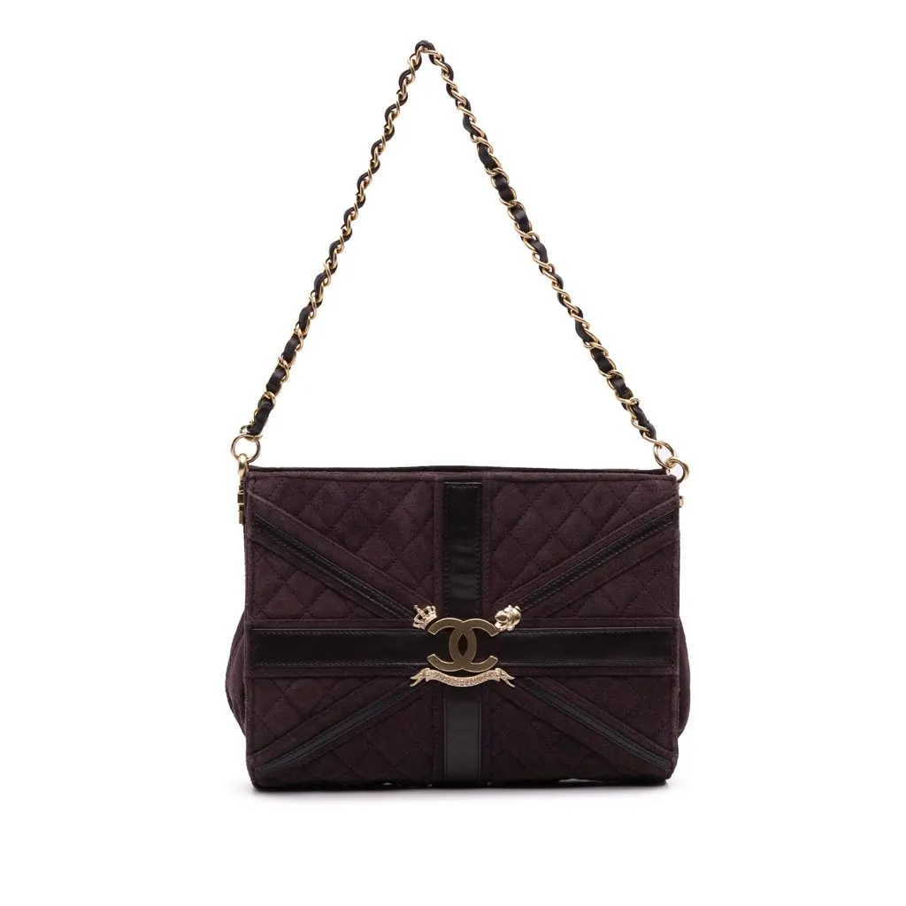 Chanel Quilted Suede Union Jack Clutch with Chain Purple Leather Good - Front View