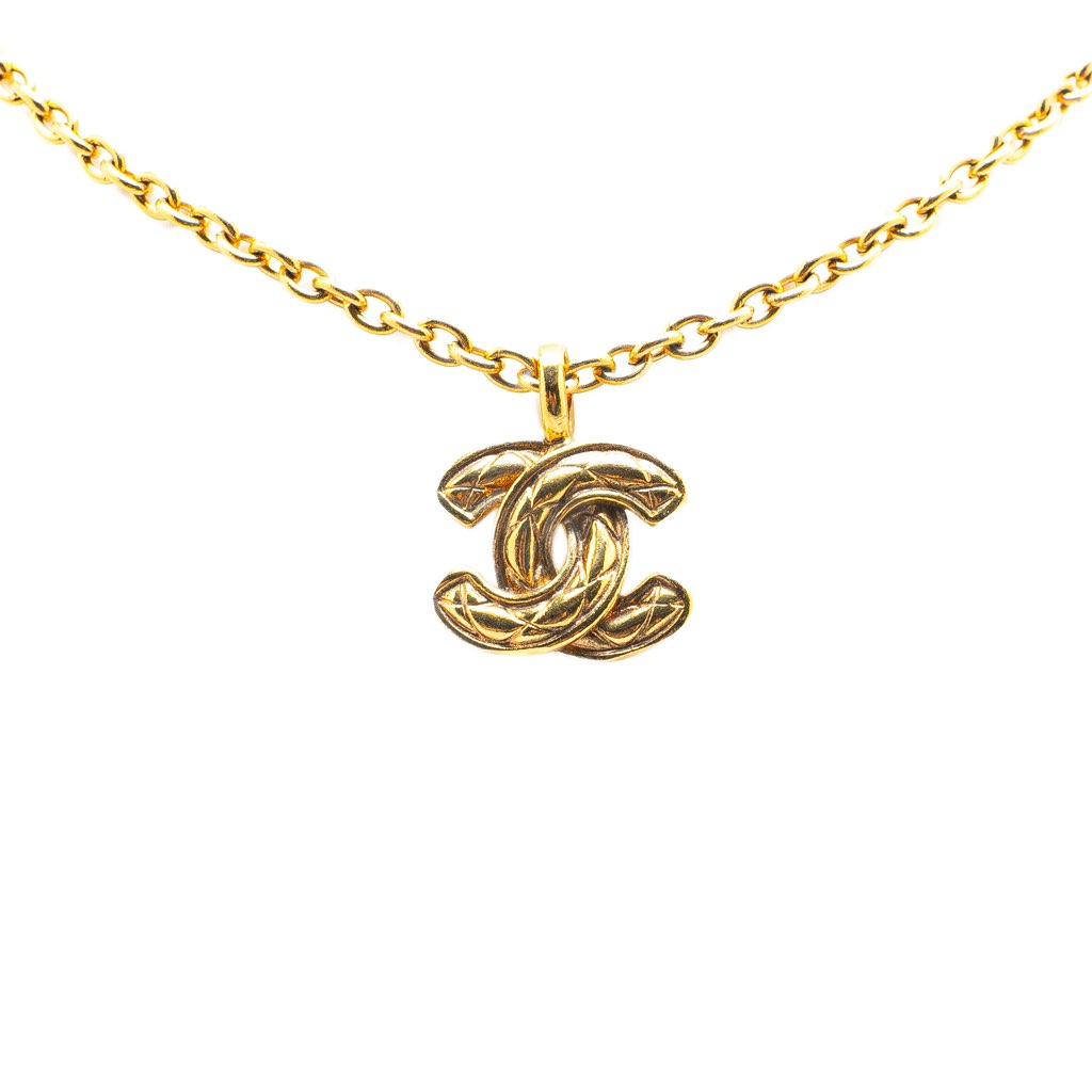 Chanel Gold Plated Quilted CC Pendant Necklace