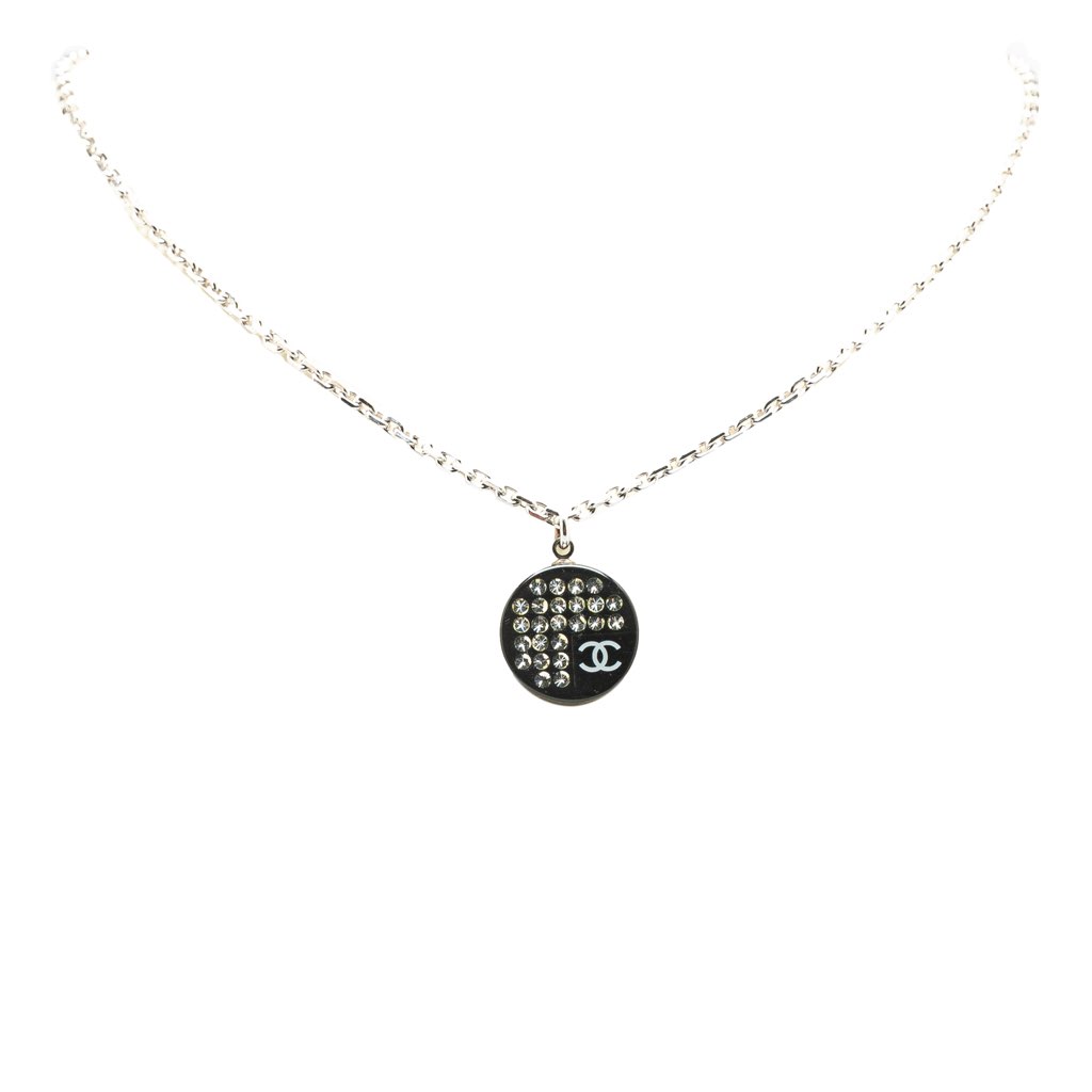 Chanel Silver Plated CC Resin and Rhinestone Pendant Necklace