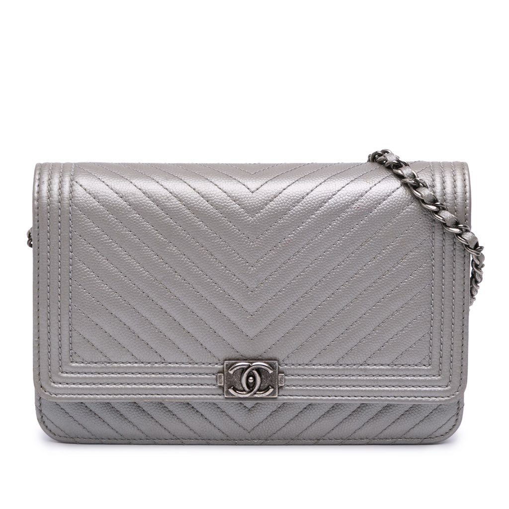 Chanel Chevron Metallic Caviar Boy Wallet On Chain