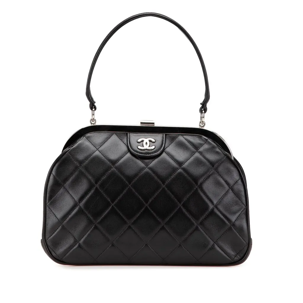 Chanel CC Quilted Lambskin Kiss Lock Frame Top Handle Bag Black Leather Good - Front View