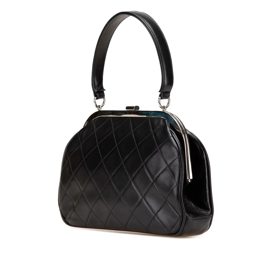 Chanel CC Quilted Lambskin Kiss Lock Frame Top Handle Bag Black Leather Good - Back View