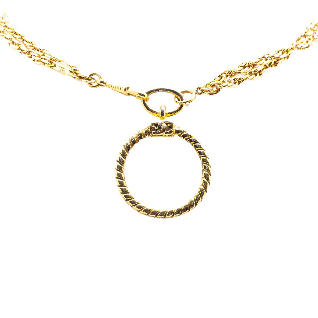 Chanel Gold Plated Double Chain Loupe Magnifying Glass Pendant Necklace